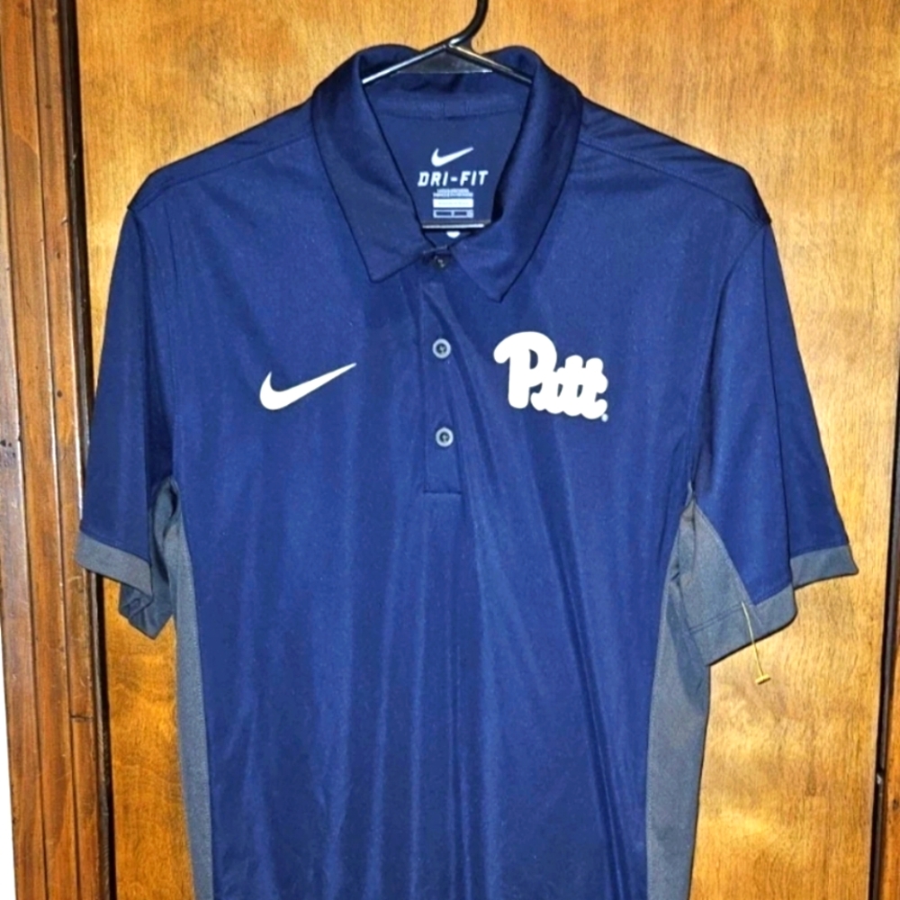 The Nike Dri Fit Pitt Panthers Dark Blue/Gray Short Sleeve Polo Shirt Size S